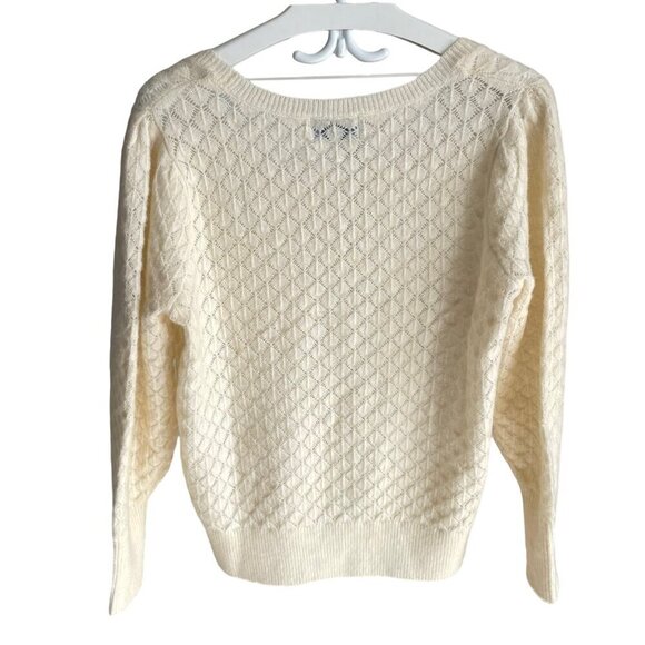NWT OLD NAVY Wool Blend Cream Pointelle Sweater Ballon Sleeves Scoop Neck Large - Picture 2 of 11